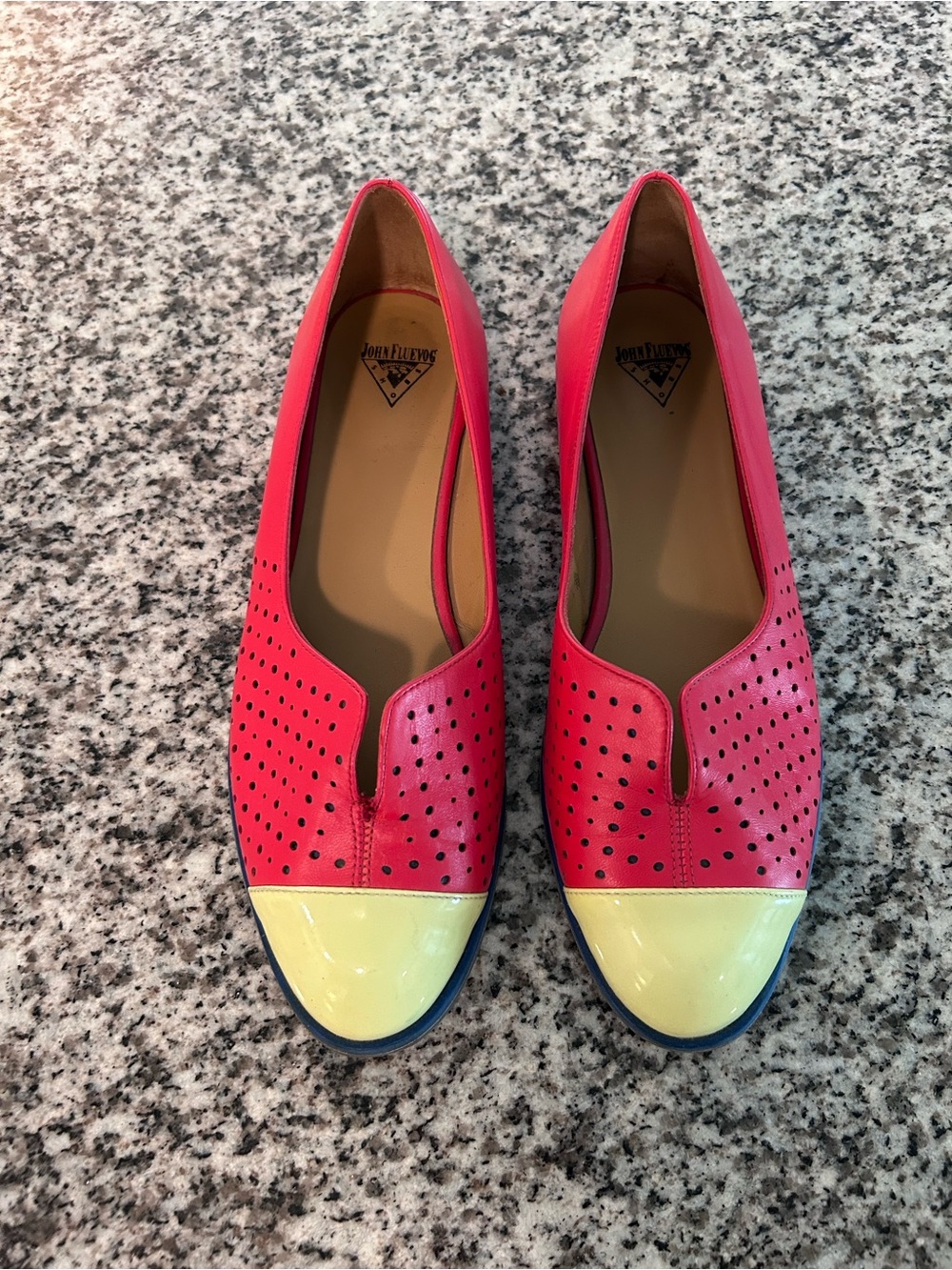 John Fluevog Sue Flats - Red & Yellow Perforated Leather Slip-Ons in Rasberry